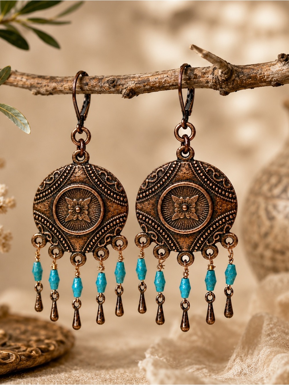 Turquoise Boho Earrings . Copper Dangle . Wood Beads . Tribal Statement . Gift